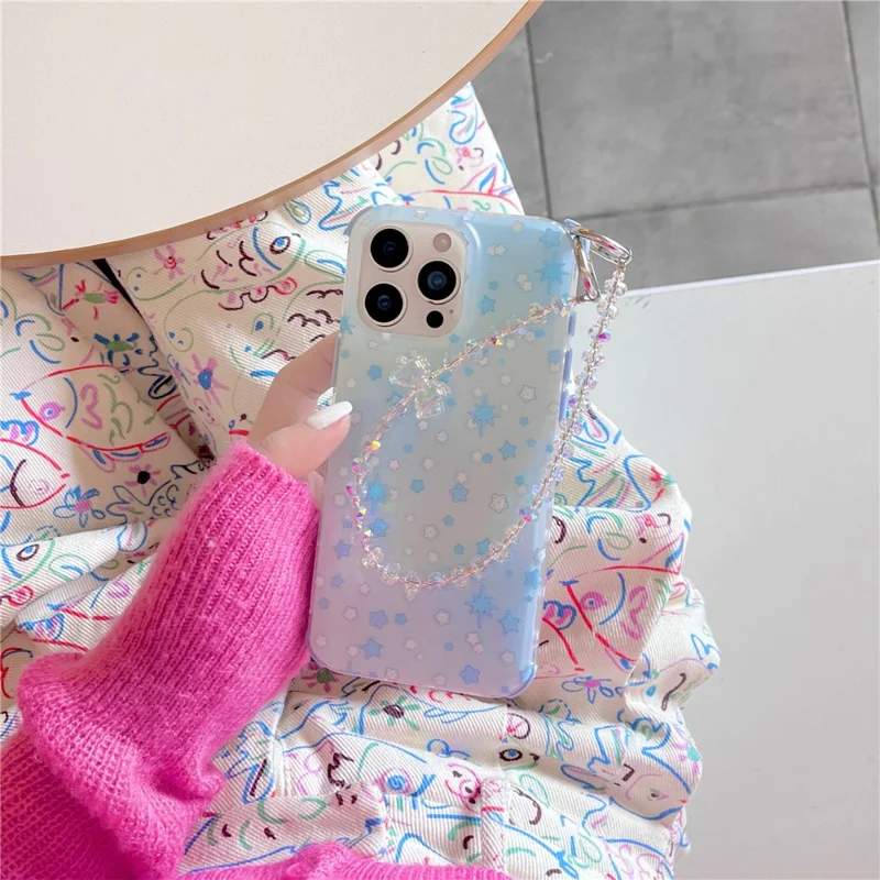 For iPhone 16 Pro Case IMD Star Design TPU Phone Cover with Beaded Strap - Blue