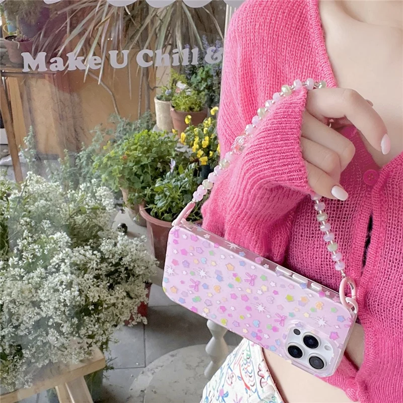 For iPhone 16 Pro Case IMD Star Design TPU Phone Cover with Beaded Strap - Pink