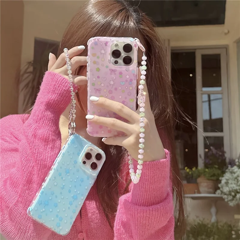 For iPhone 16 Pro Case IMD Star Design TPU Phone Cover with Beaded Strap - Pink