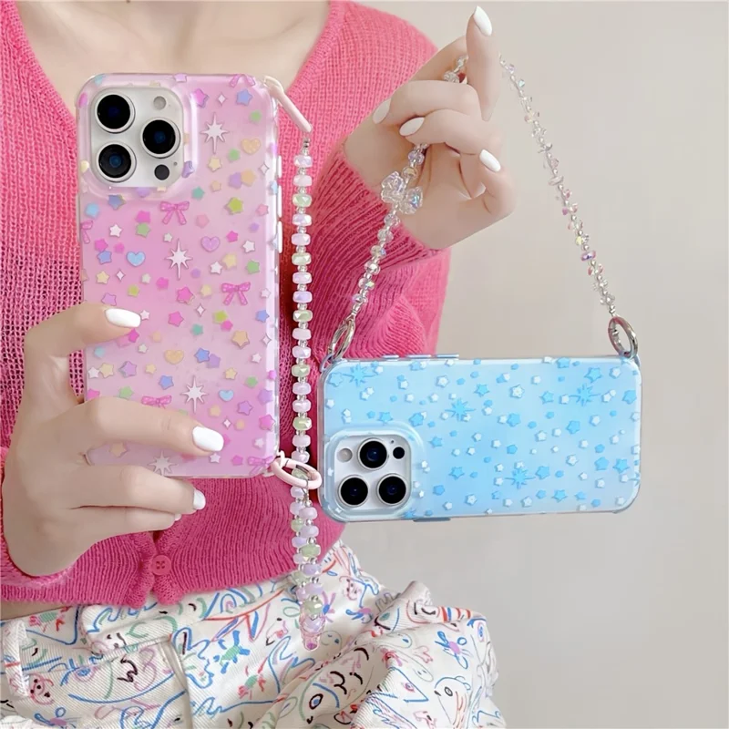 For iPhone 16 Pro Case IMD Star Design TPU Phone Cover with Beaded Strap - Pink