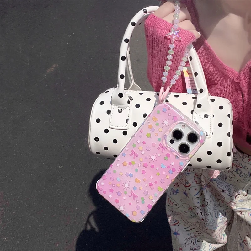 For iPhone 16 Pro Case IMD Star Design TPU Phone Cover with Beaded Strap - Pink
