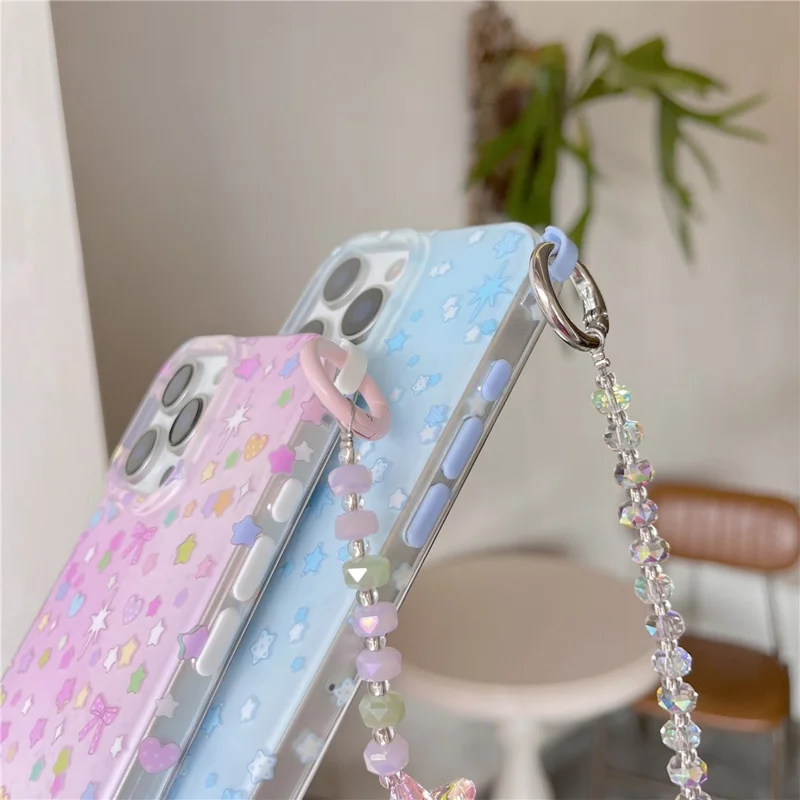 For iPhone 16 Pro Case IMD Star Design TPU Phone Cover with Beaded Strap - Pink