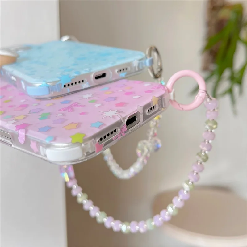 For iPhone 16 Pro Case IMD Star Design TPU Phone Cover with Beaded Strap - Pink