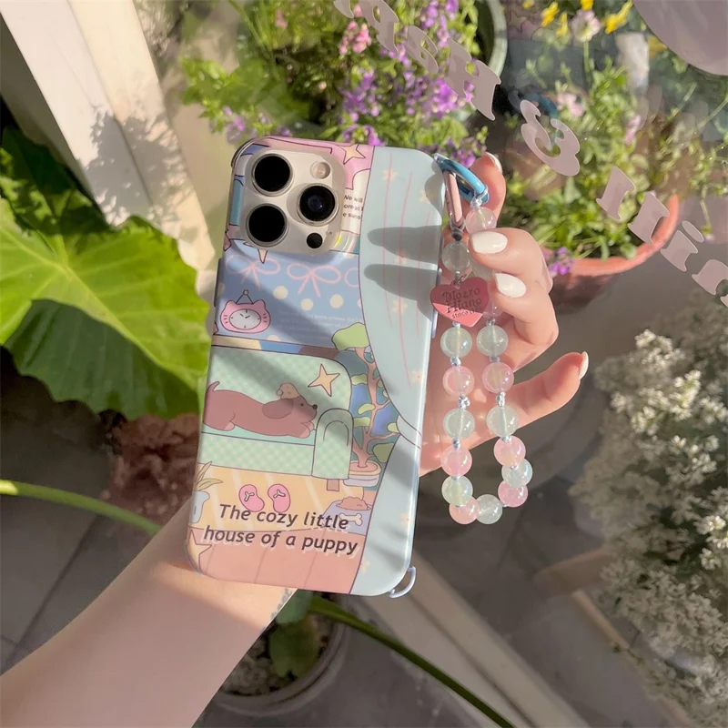 For iPhone 16 Pro Case IMD Cartoon Pattern TPU Phone Cover with Beaded Strap - Dachshund