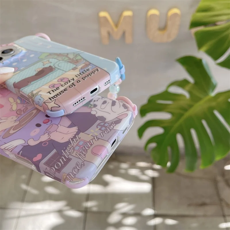 For iPhone 16 Pro Case IMD Cartoon Pattern TPU Phone Cover with Beaded Strap - Dachshund