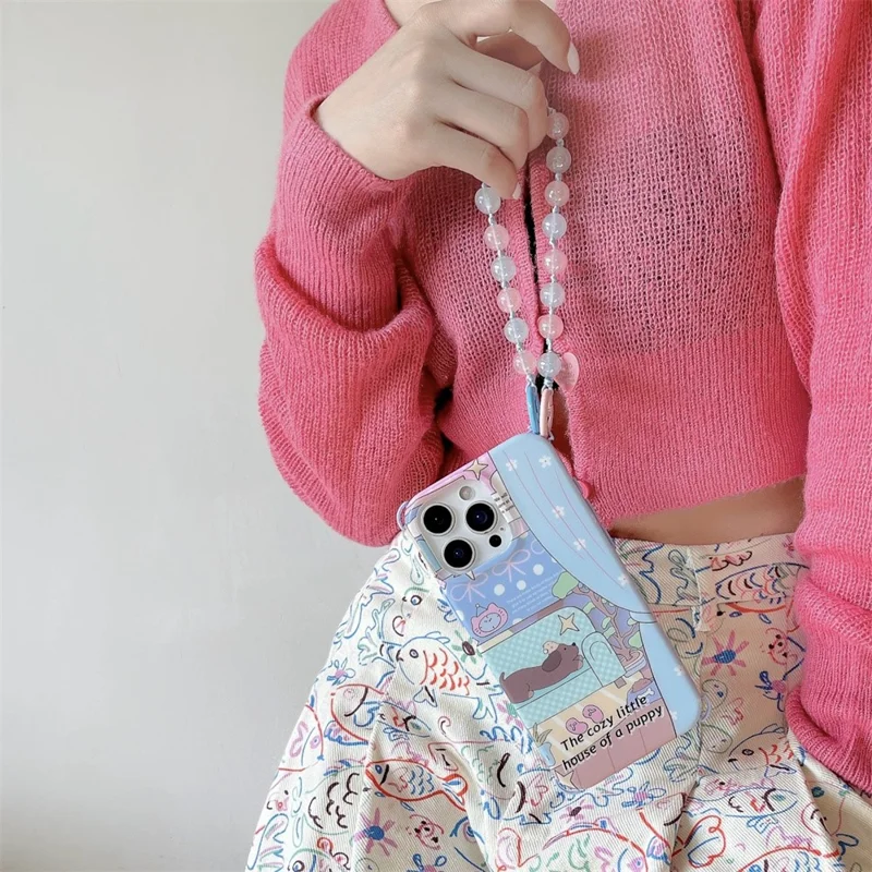 For iPhone 15 Pro Max Case IMD Cartoon Pattern TPU Phone Cover with Beaded Strap - Dachshund