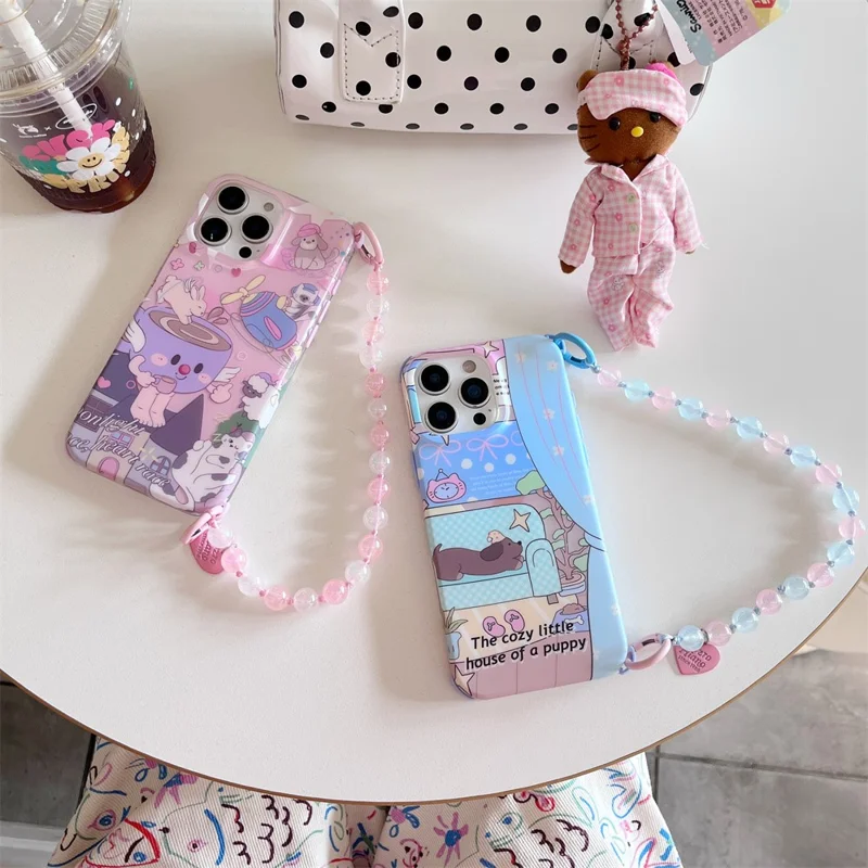 For iPhone 15 Pro Max Case IMD Cartoon Pattern TPU Phone Cover with Beaded Strap - Dachshund