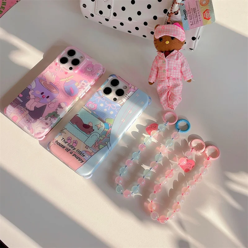 For iPhone 15 Pro Case IMD Cartoon Pattern TPU Phone Cover with Beaded Strap - Dachshund