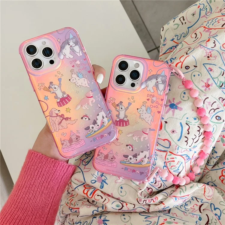 Für iPhone 16 Pro Max Hülle IMD Cartoon Hunde TPU Handyhülle mit Perlenband