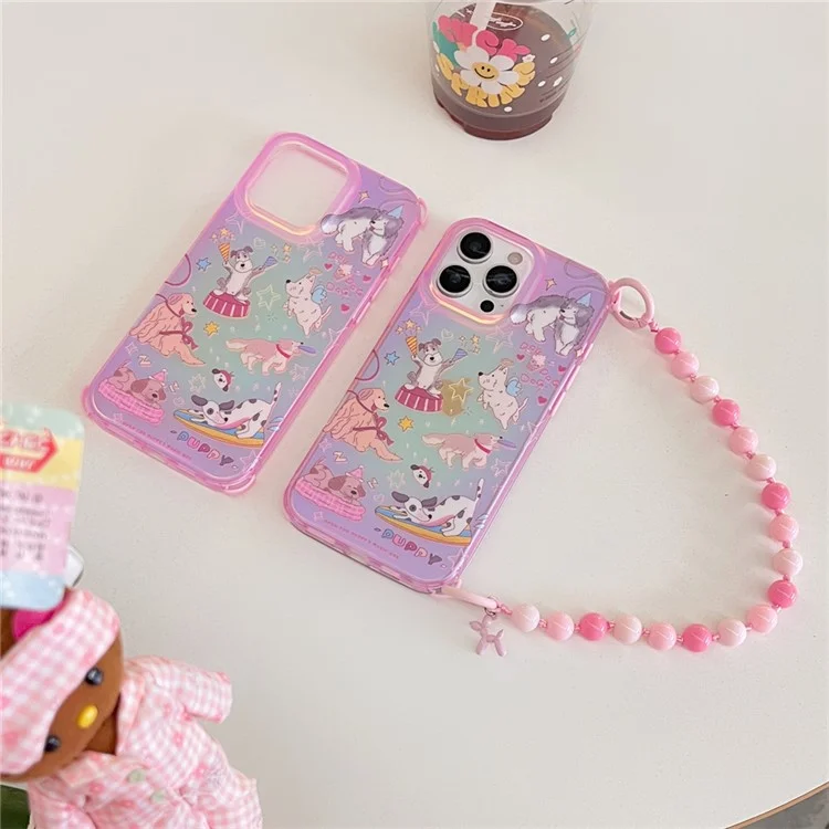 Für iPhone 16 Pro Max Hülle IMD Cartoon Hunde TPU Handyhülle mit Perlenband