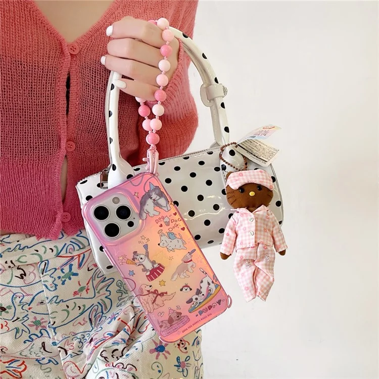 Für iPhone 16 Pro Max Hülle IMD Cartoon Hunde TPU Handyhülle mit Perlenband