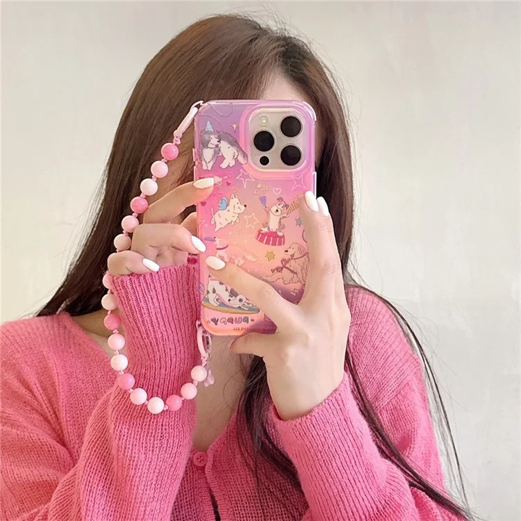 Für iPhone 16 Pro Max Hülle IMD Cartoon Hunde TPU Handyhülle mit Perlenband