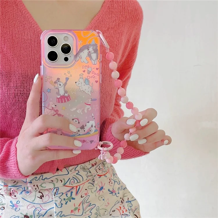 Étui pour iPhone 16 Pro avec Motif de Chiens Cartoon, Coque de Téléphone en TPU avec Dragonne Perlée