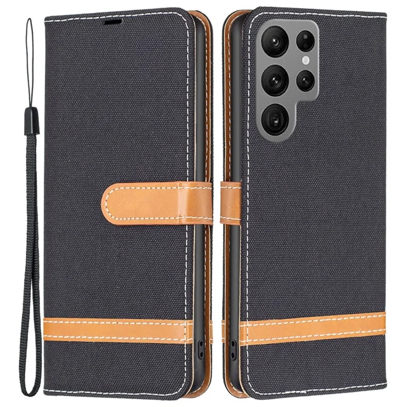 Zwart leren hoesje met jeansstofstructuur voor Samsung Galaxy S23 Ultra met portemonnee en standaard