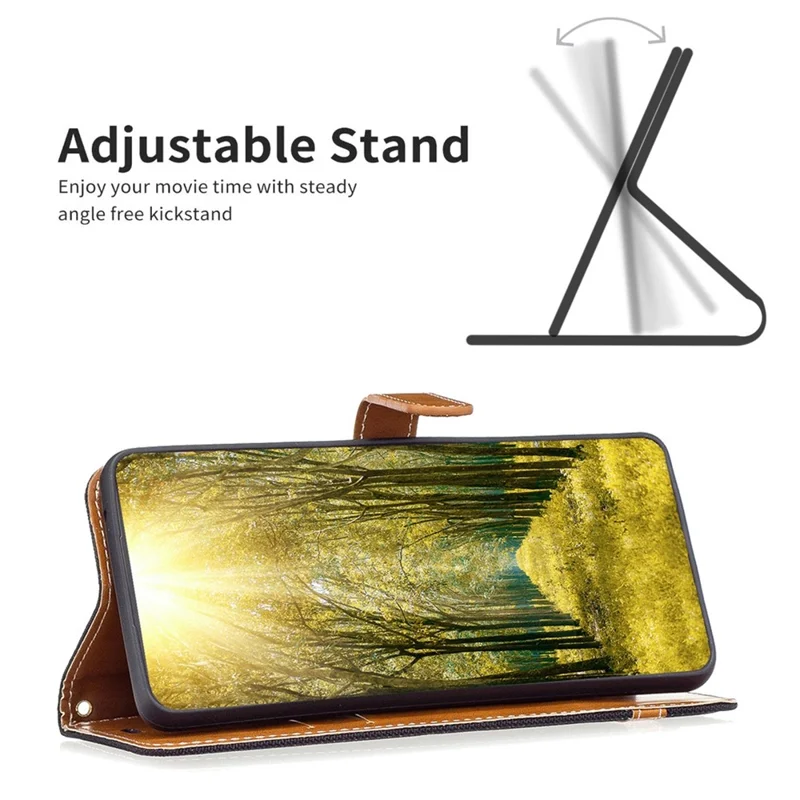 Zwart leren hoesje met jeansstofstructuur voor Samsung Galaxy S23 Ultra met portemonnee en standaard