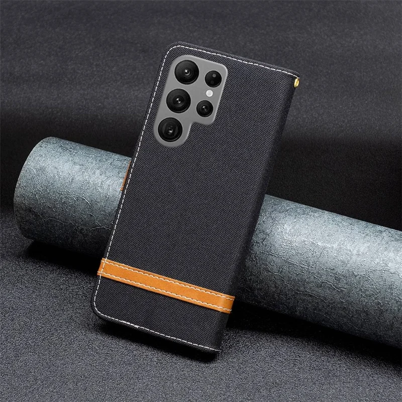Zwart leren hoesje met jeansstofstructuur voor Samsung Galaxy S23 Ultra met portemonnee en standaard