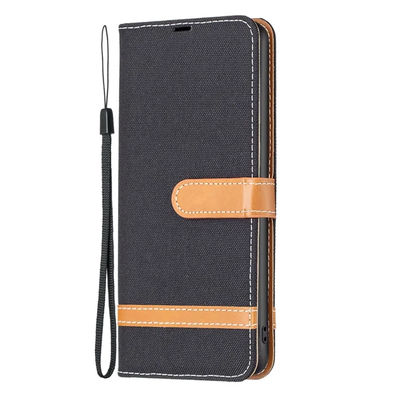 Zwart leren hoesje met jeansstofstructuur voor Samsung Galaxy S23 Ultra met portemonnee en standaard