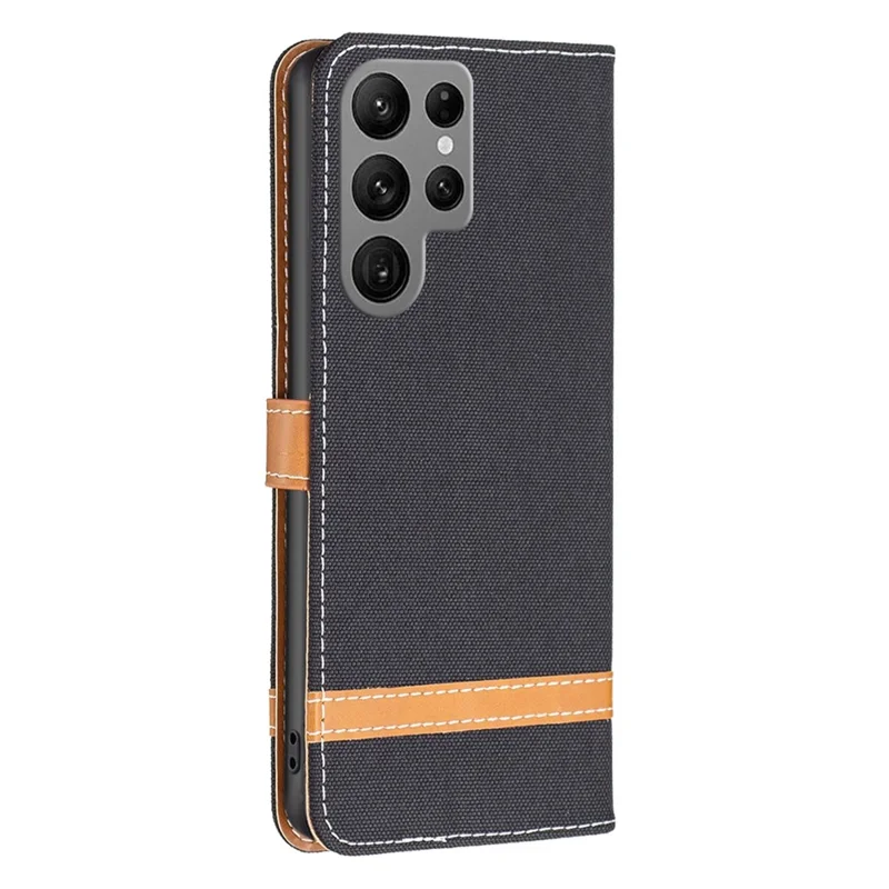 Zwart leren hoesje met jeansstofstructuur voor Samsung Galaxy S23 Ultra met portemonnee en standaard
