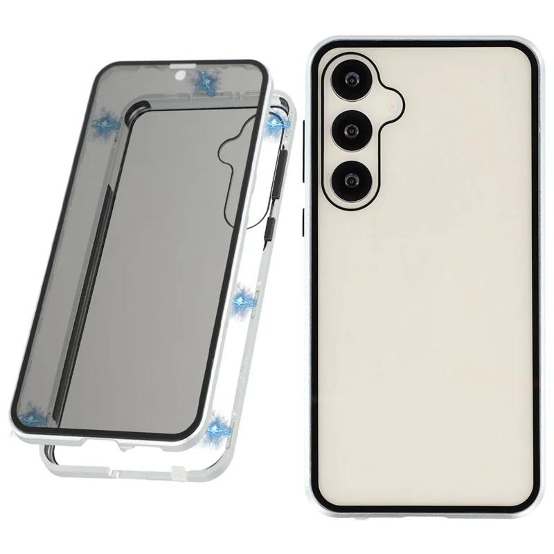 For Samsung Galaxy S25 / S24 Case with Anti-Spy Screen Protector Tempered Glass Metal Phone Cover Magnetic Clasp - Silver