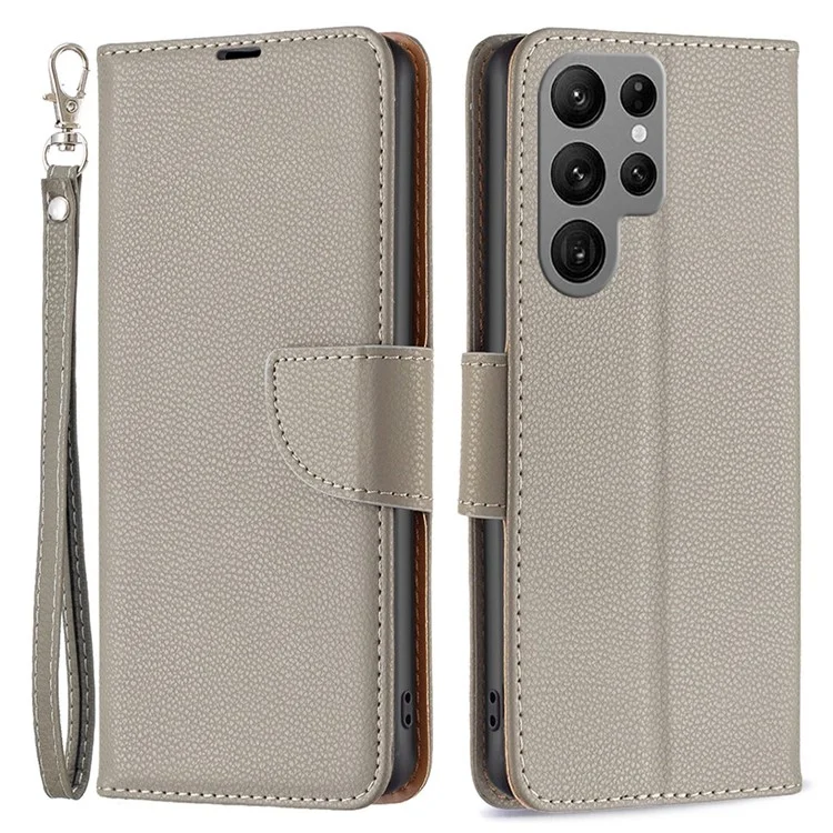 BF Leather Case Series-3 per Samsung Galaxy S23 Ultra Litchi Texture PU Leather Protective Cover Folding Stand Phone Wallet Case - Grey