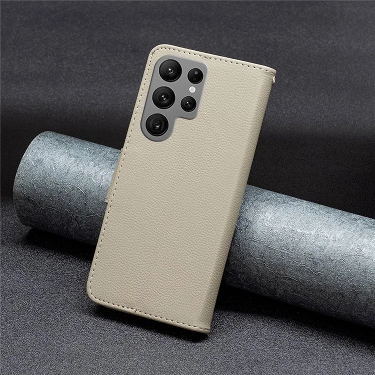 BF Leather Case Series-3 per Samsung Galaxy S23 Ultra Litchi Texture PU Leather Protective Cover Folding Stand Phone Wallet Case - Grey