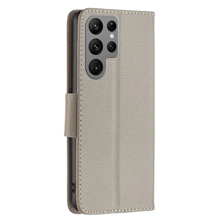 BF Leather Case Series-3 per Samsung Galaxy S23 Ultra Litchi Texture PU Leather Protective Cover Folding Stand Phone Wallet Case - Grey