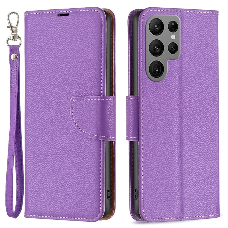 For Samsung Galaxy S23 Ultra Wallet Case Litchi Texture Flip Leather Mobile Cover Stand with Strap - Purple