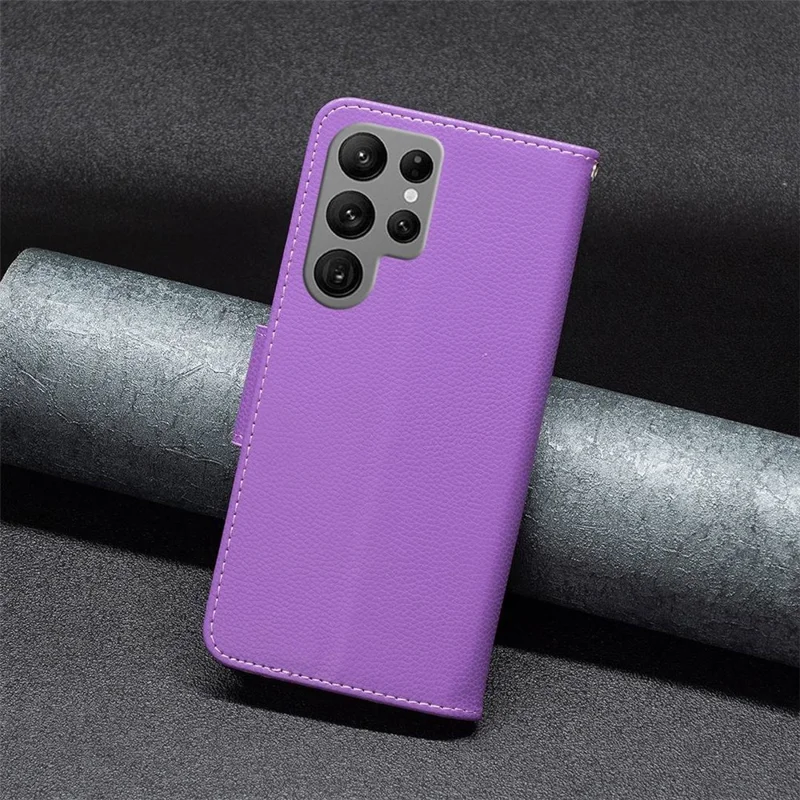 For Samsung Galaxy S23 Ultra Wallet Case Litchi Texture Flip Leather Mobile Cover Stand with Strap - Purple