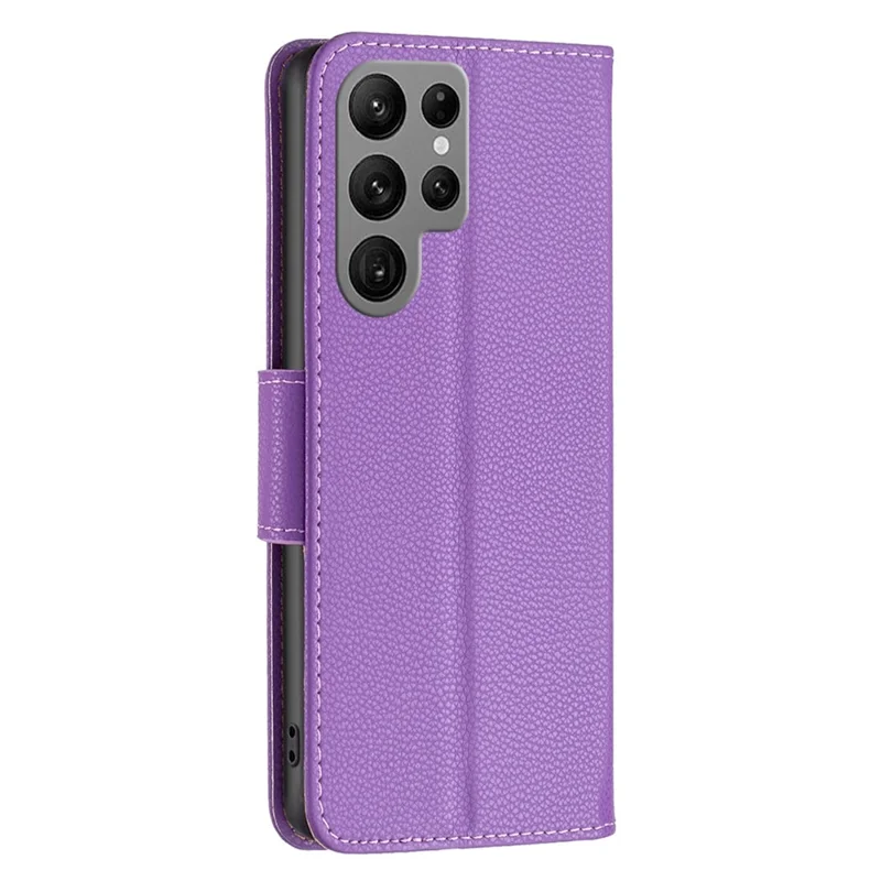 For Samsung Galaxy S23 Ultra Wallet Case Litchi Texture Flip Leather Mobile Cover Stand with Strap - Purple