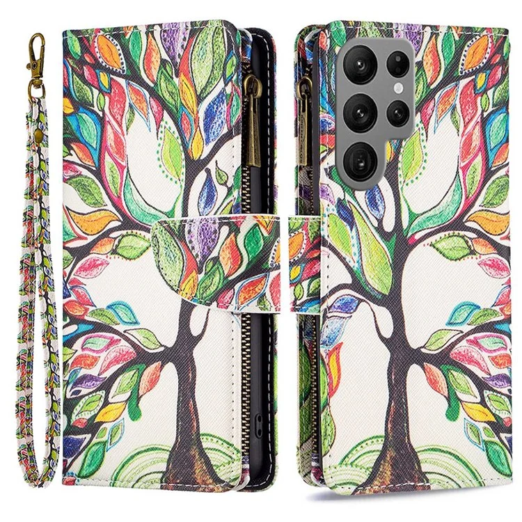 For Samsung Galaxy S23 Ultra Leather Case with Strap Pattern Printing Zipper Wallet Phone Stand Cover - Life Tree