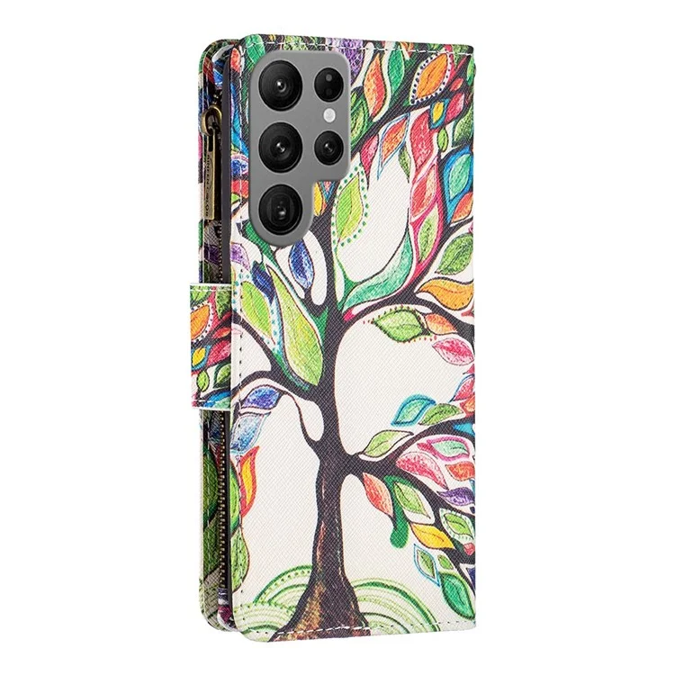 For Samsung Galaxy S23 Ultra Leather Case with Strap Pattern Printing Zipper Wallet Phone Stand Cover - Life Tree