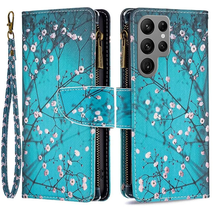 BF Muster Druckleder Serie-4 Für Samsung Galaxy S23 Ultra Style-03 Reißverschluss Taschenbrieftasche PU Leder Muster Ständer Magnetic Flip Phone Cover - Pflaumenblüte