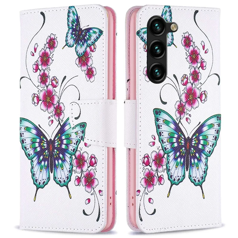 For Samsung Galaxy S23+ Leather Case Pattern Printing Wallet Stand Flip Mobile Cover - Peach Blossom and Butterflies