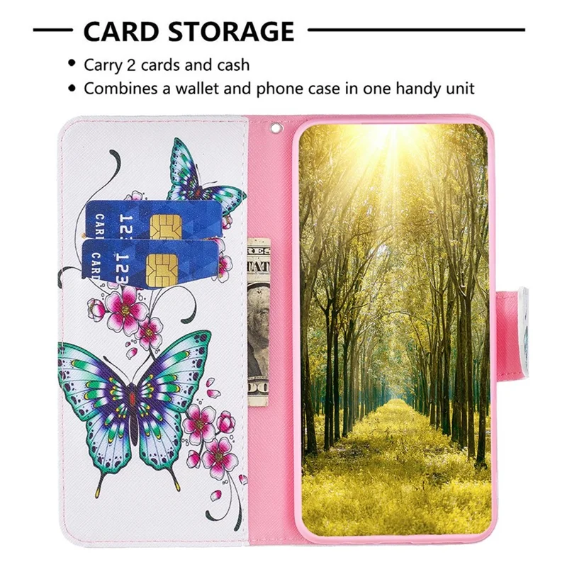 For Samsung Galaxy S23+ Leather Case Pattern Printing Wallet Stand Flip Mobile Cover - Peach Blossom and Butterflies