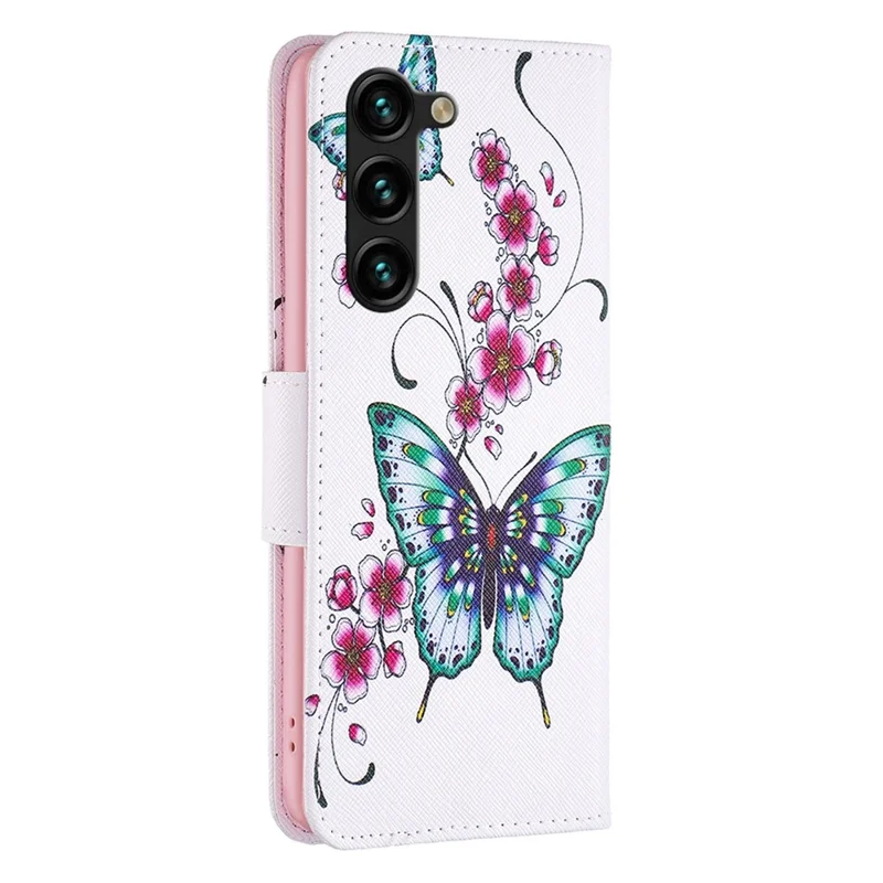 For Samsung Galaxy S23+ Leather Case Pattern Printing Wallet Stand Flip Mobile Cover - Peach Blossom and Butterflies