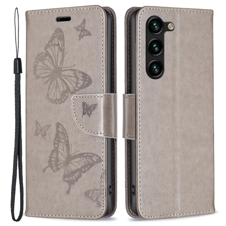 For Samsung Galaxy S23+ Wallet Case Imprinted Butterflies Leather Phone Cover with Strap - Grey