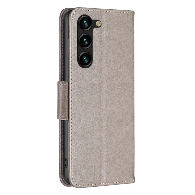 For Samsung Galaxy S23+ Wallet Case Imprinted Butterflies Leather Phone Cover with Strap - Grey