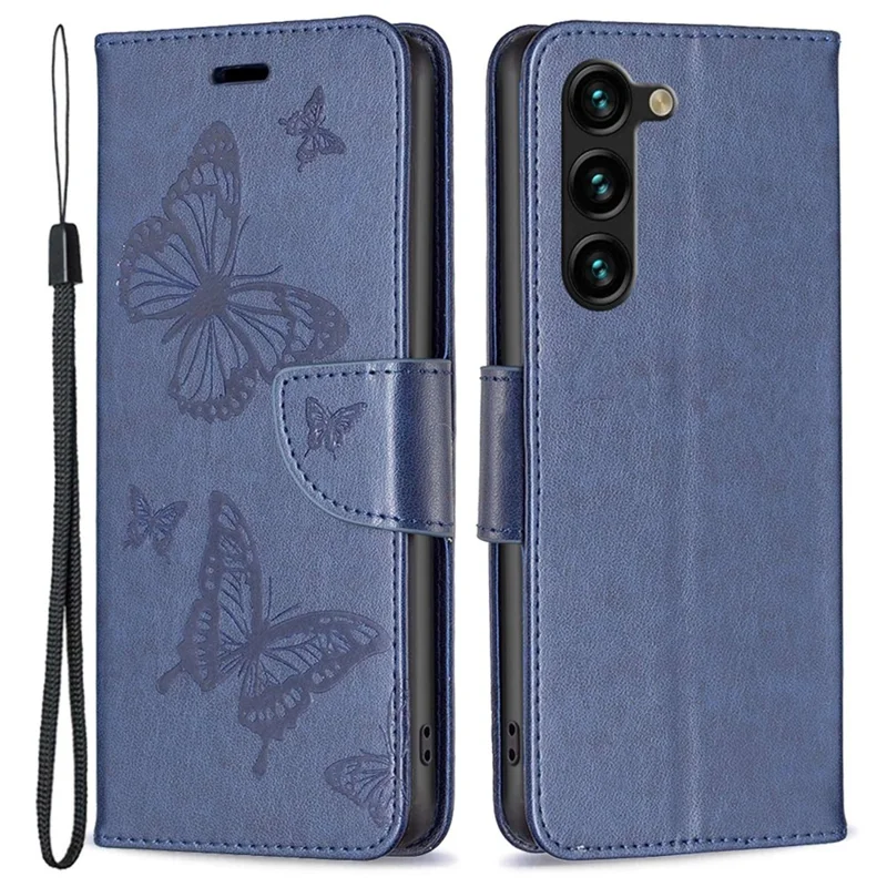 For Samsung Galaxy S23+ Wallet Case Imprinted Butterflies Leather Phone Cover with Strap - Dark Blue