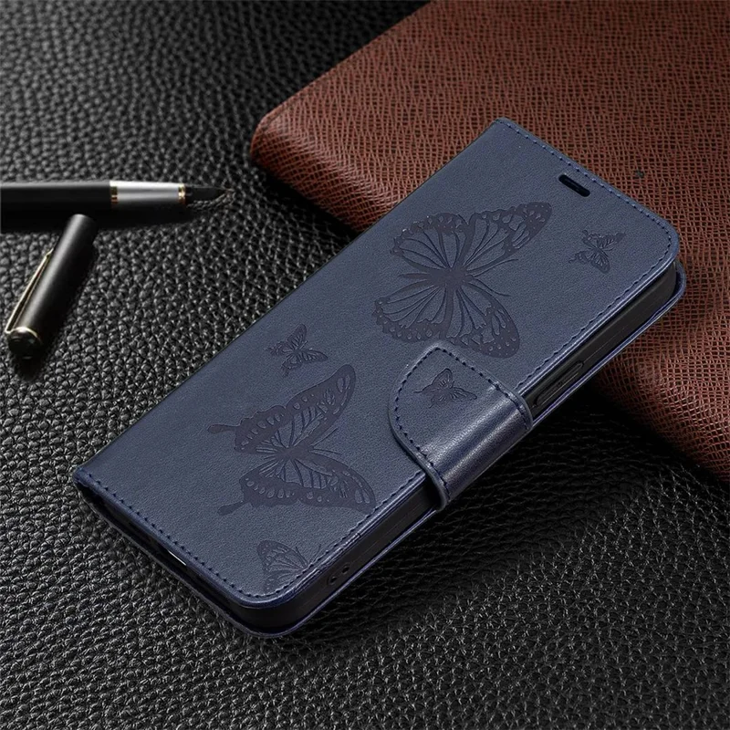 For Samsung Galaxy S23+ Wallet Case Imprinted Butterflies Leather Phone Cover with Strap - Dark Blue