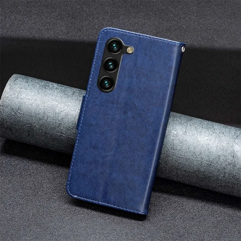 For Samsung Galaxy S23+ Wallet Case Imprinted Butterflies Leather Phone Cover with Strap - Dark Blue