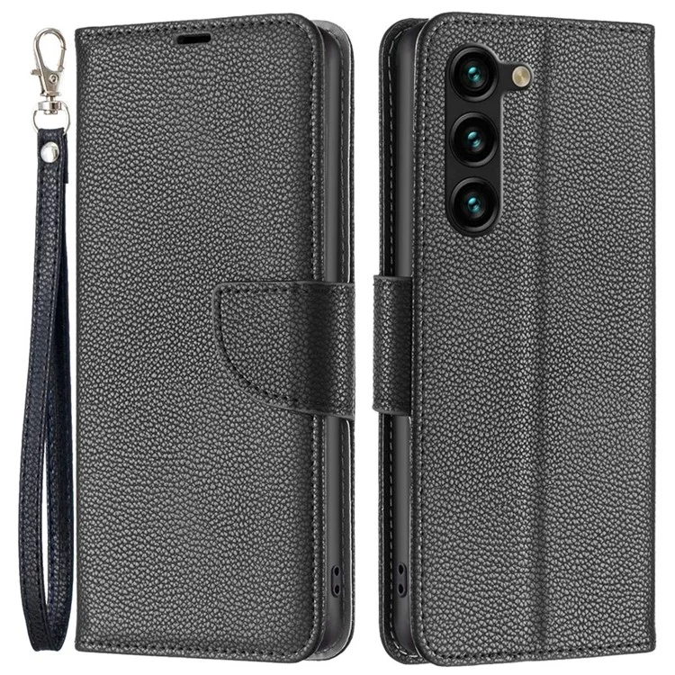 For Samsung Galaxy S23+ Wallet Case Litchi Texture Flip Leather Mobile Cover Stand with Strap - Black