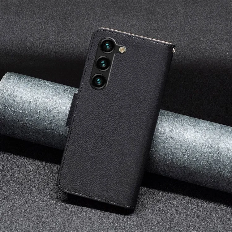 For Samsung Galaxy S23+ Wallet Case Litchi Texture Flip Leather Mobile Cover Stand with Strap - Black