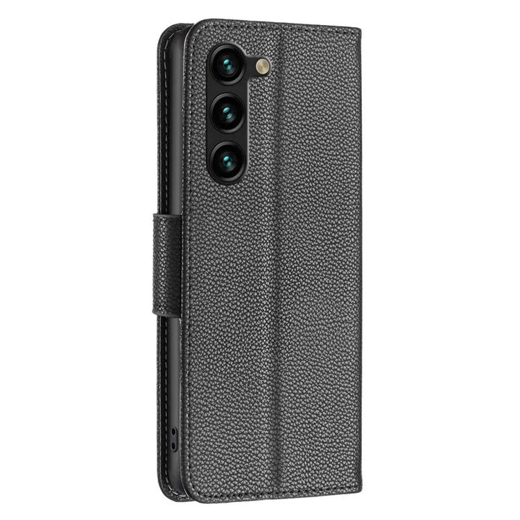 For Samsung Galaxy S23+ Wallet Case Litchi Texture Flip Leather Mobile Cover Stand with Strap - Black