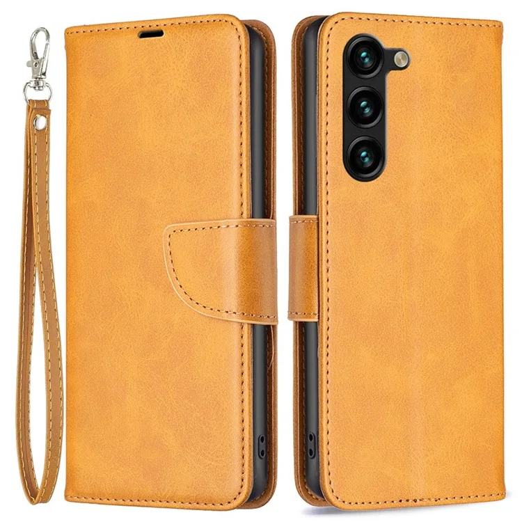 For Samsung Galaxy S23+ Case Smooth Leather Wallet Stand Mobile Phone Cover with Strap - Yellow