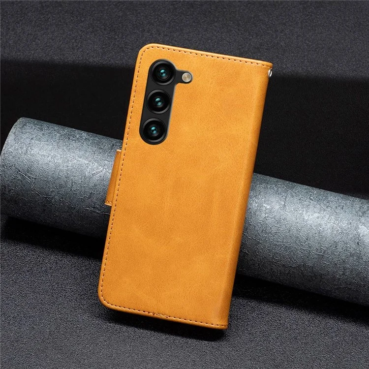 For Samsung Galaxy S23+ Case Smooth Leather Wallet Stand Mobile Phone Cover with Strap - Yellow