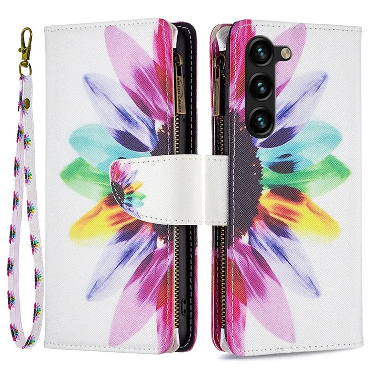 For Samsung Galaxy S23+ Leather Case with Strap Pattern Printing Zipper Wallet Phone Stand Cover - Sunflower