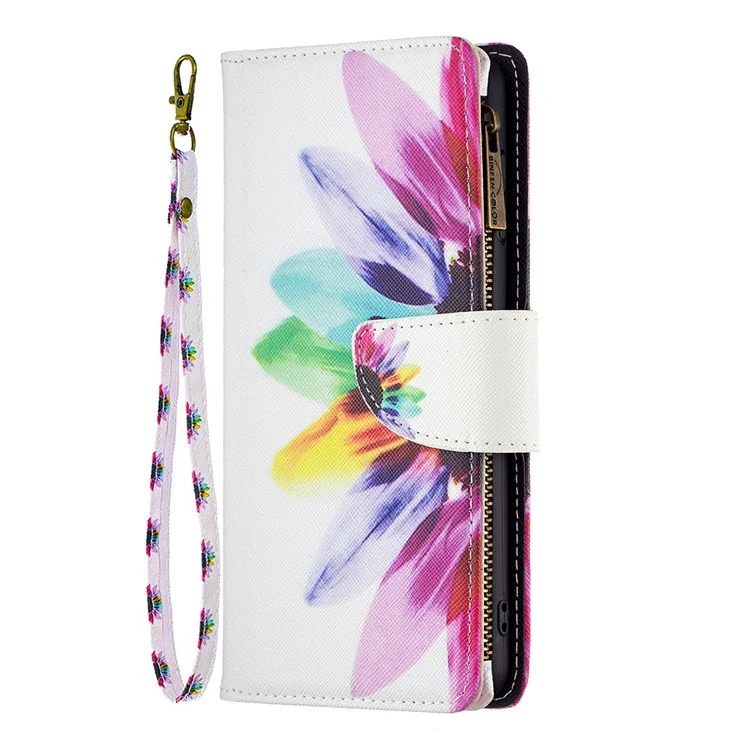 For Samsung Galaxy S23+ Leather Case with Strap Pattern Printing Zipper Wallet Phone Stand Cover - Sunflower