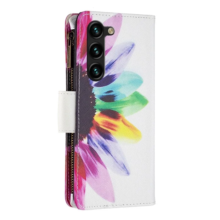 For Samsung Galaxy S23+ Leather Case with Strap Pattern Printing Zipper Wallet Phone Stand Cover - Sunflower