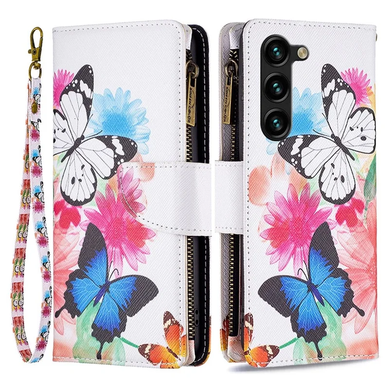 For Samsung Galaxy S23+ Leather Case with Strap Pattern Printing Zipper Wallet Phone Stand Cover - Two Butterflies