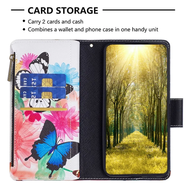 For Samsung Galaxy S23+ Leather Case with Strap Pattern Printing Zipper Wallet Phone Stand Cover - Two Butterflies